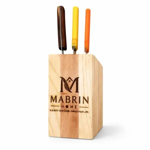 MABRIN Home Wooden Knife Block Set – Premium Kitchen Knife Holder with 3 Stainless Steel Knives – Durable Wood Storage Organizer for Safe & Stylish Kitchen